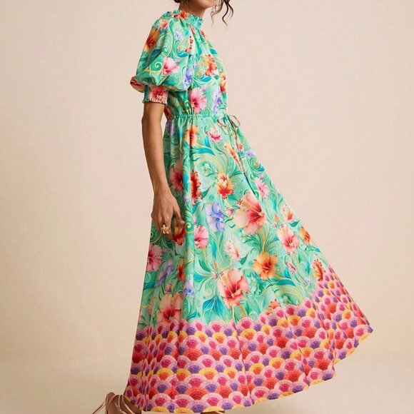 Dresses & Skirts - Green & Fuchsia Boho Women's Floral Print Collar Puff Sleeve A-Line Dress